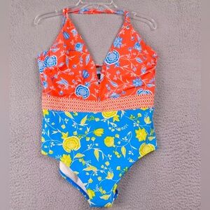Lands' End One Piece Floral Print Bathing Swim Suit Bohemian Red Blue  Sz 16